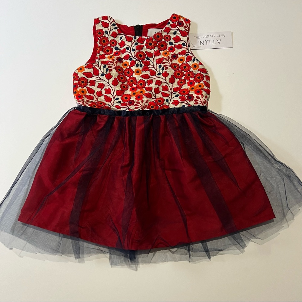 A.T.U.N. Red & Navy Girl’s Mini Daisy Embroidered Tulle-Overlay-A-Line Dress NWT